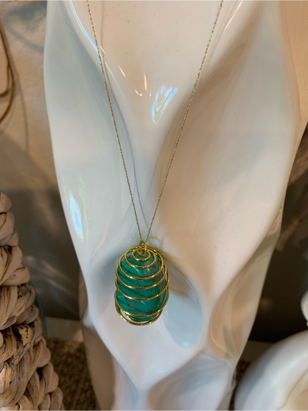 10k chain Turquoise Stone Pendant wrapped in Gold wire Necklace